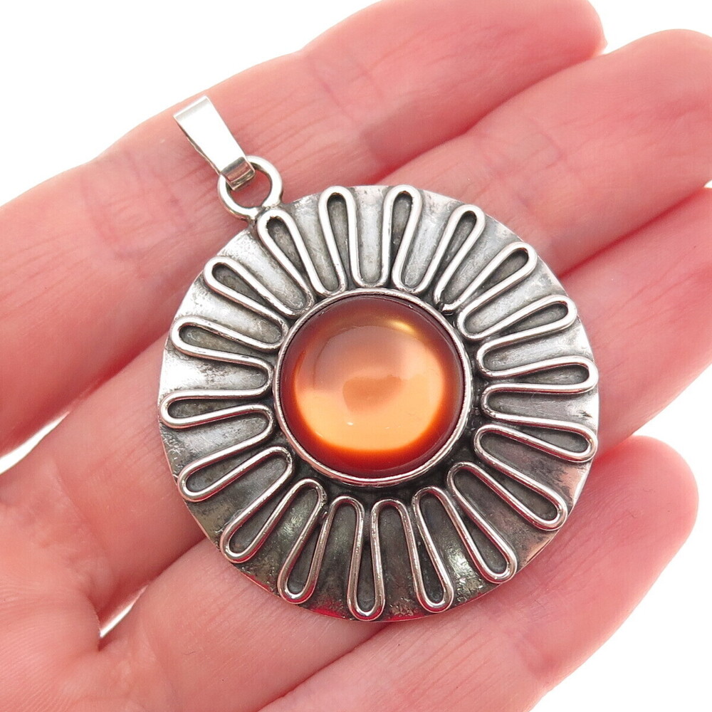 925 Sterling Silver Vintage Modernist Floral Oxidized Charm Pendant